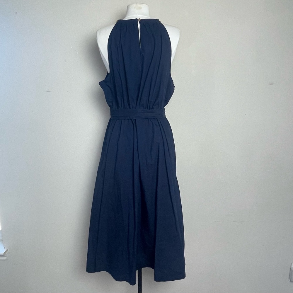 Talbots Navy Blue Gold Chain Shoulder Strap Midi Fit & Flare Cotton Dress | 16P - Picture 7 of 15